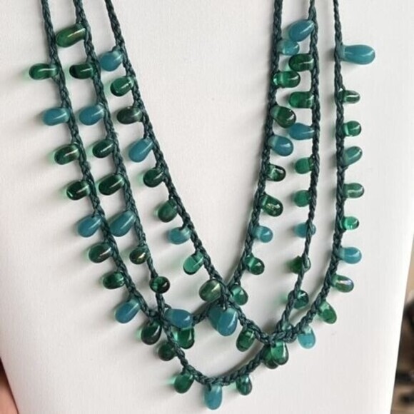 HANDMADE Multistrand Turquoise Glass Bead Necklace 19 in + 2.5 in Ext. Blue Teal - Picture 8 of 8